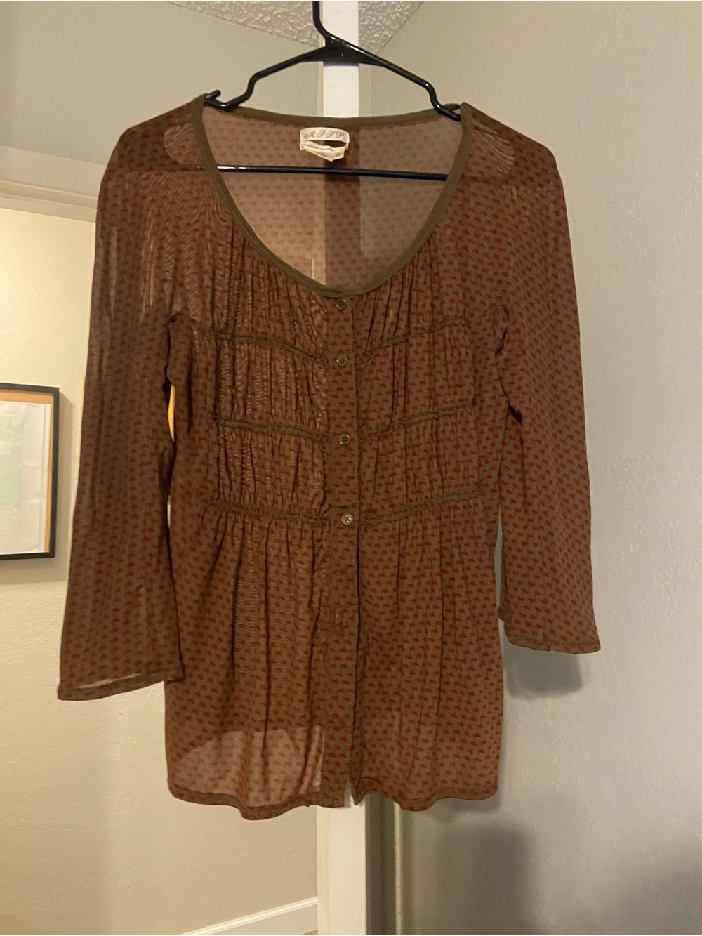 M.S.S.P. Sheer Mesh Top in Brown and Pink Houndstooth